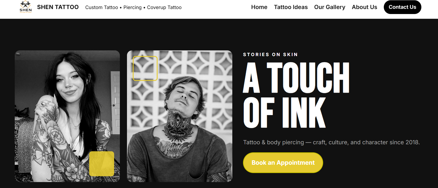 Homepage preview — bold hero with tattoo visuals